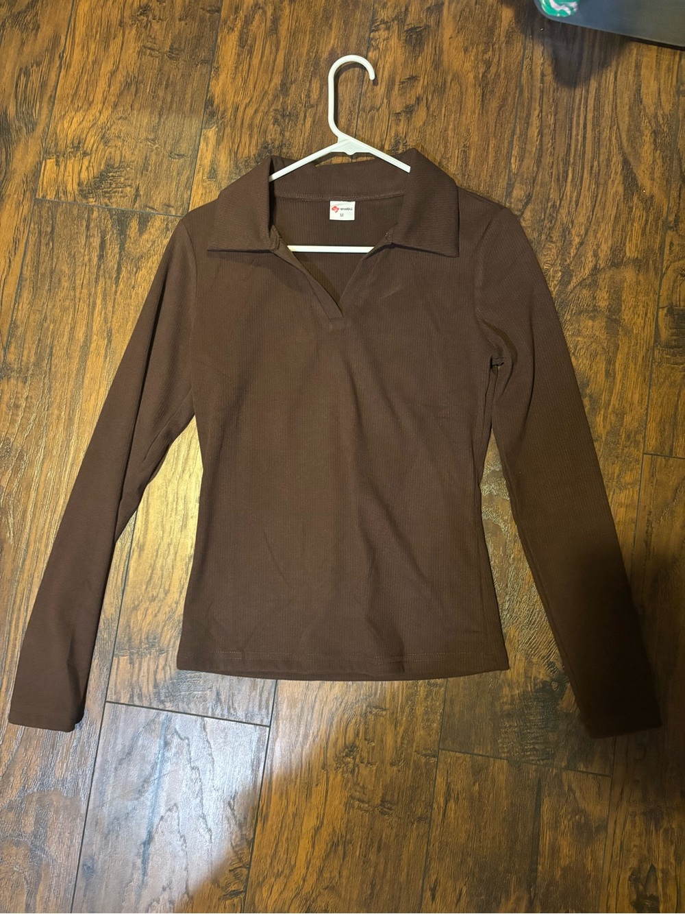Women’s Long-Sleeve Brown Polo V-Neck Top